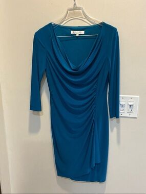 EVAN PICONE RUCHED TEAL BLUE DRESS
